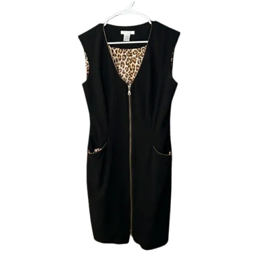 WD NY Women Size 8 Black Dress Leopard Print Lining Zippered Pockets